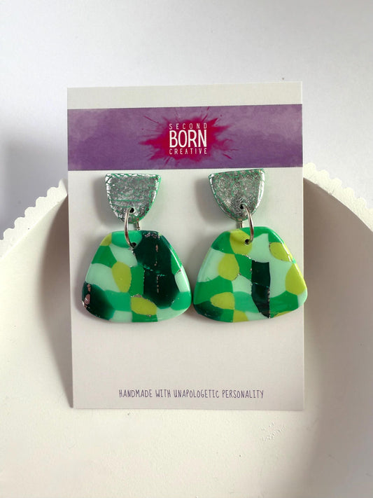 Greener Days multi tone medium stud dangle earrings with silver leaf accent - Second Born Creative