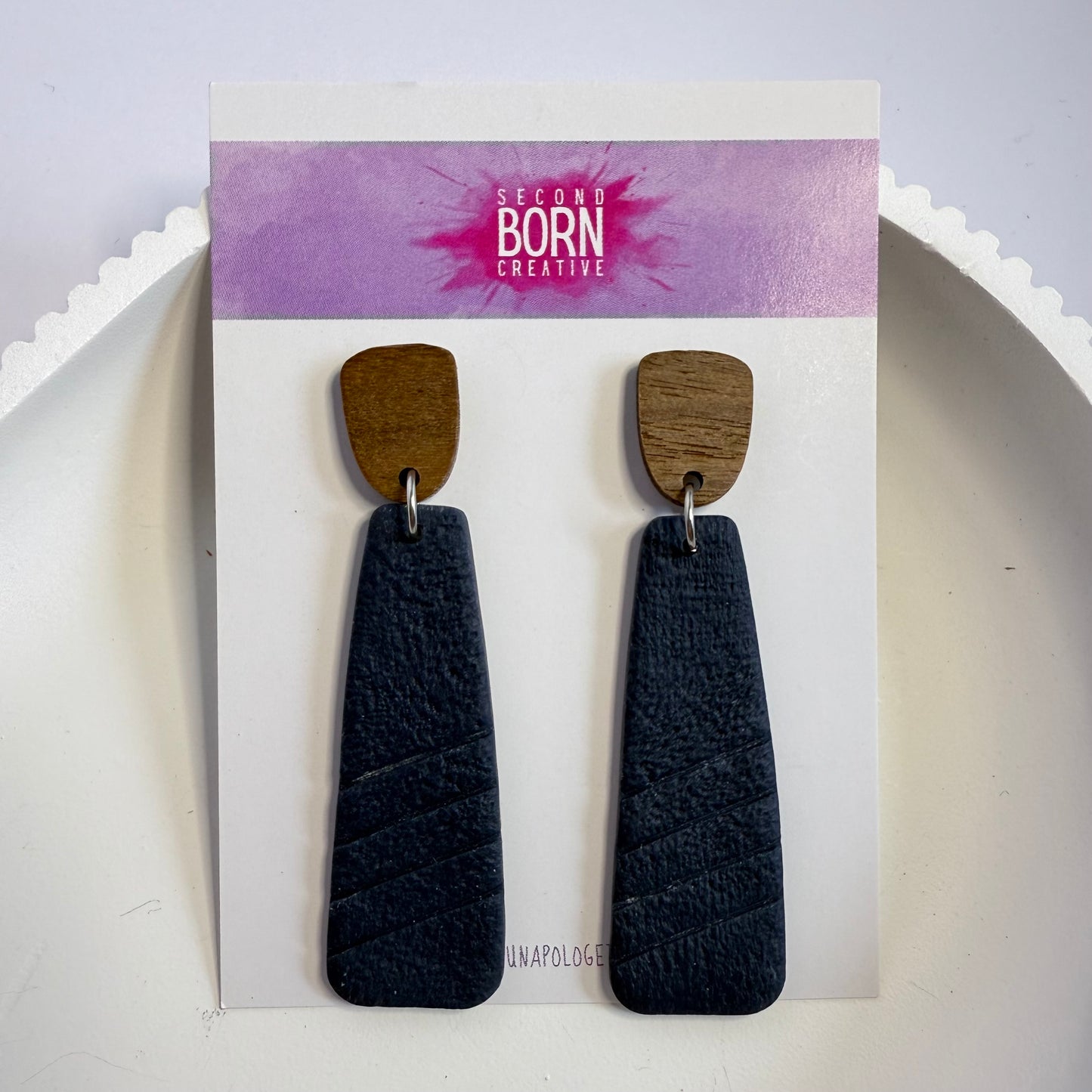 Dreaming large stud dangle earrings with wooden stud - navy or teal - Second Born Creative