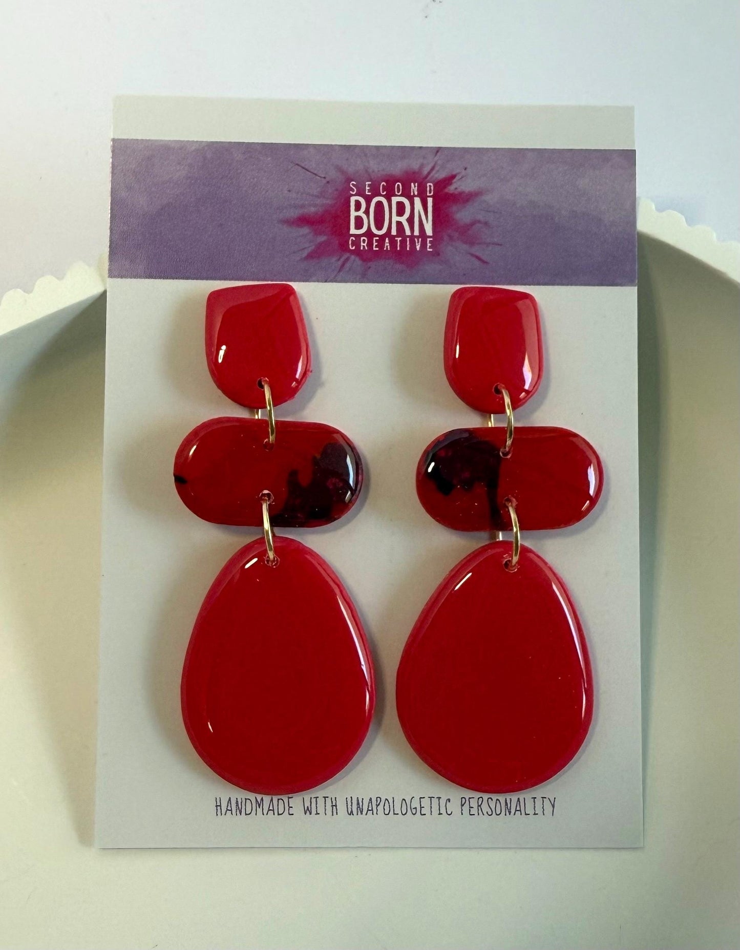 Red is in Bloom large stud dangle earrings - Second Born Creative