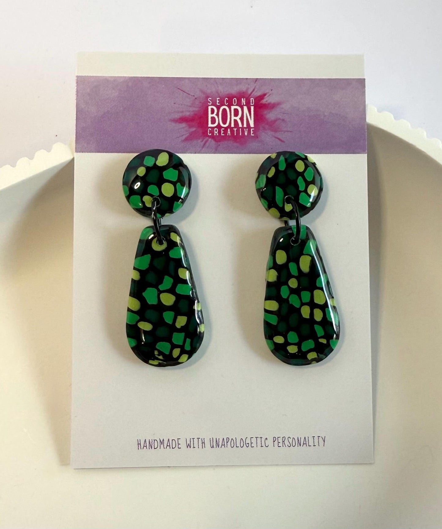 Green Stainglass medium stud dangle earrings - Second Born Creative
