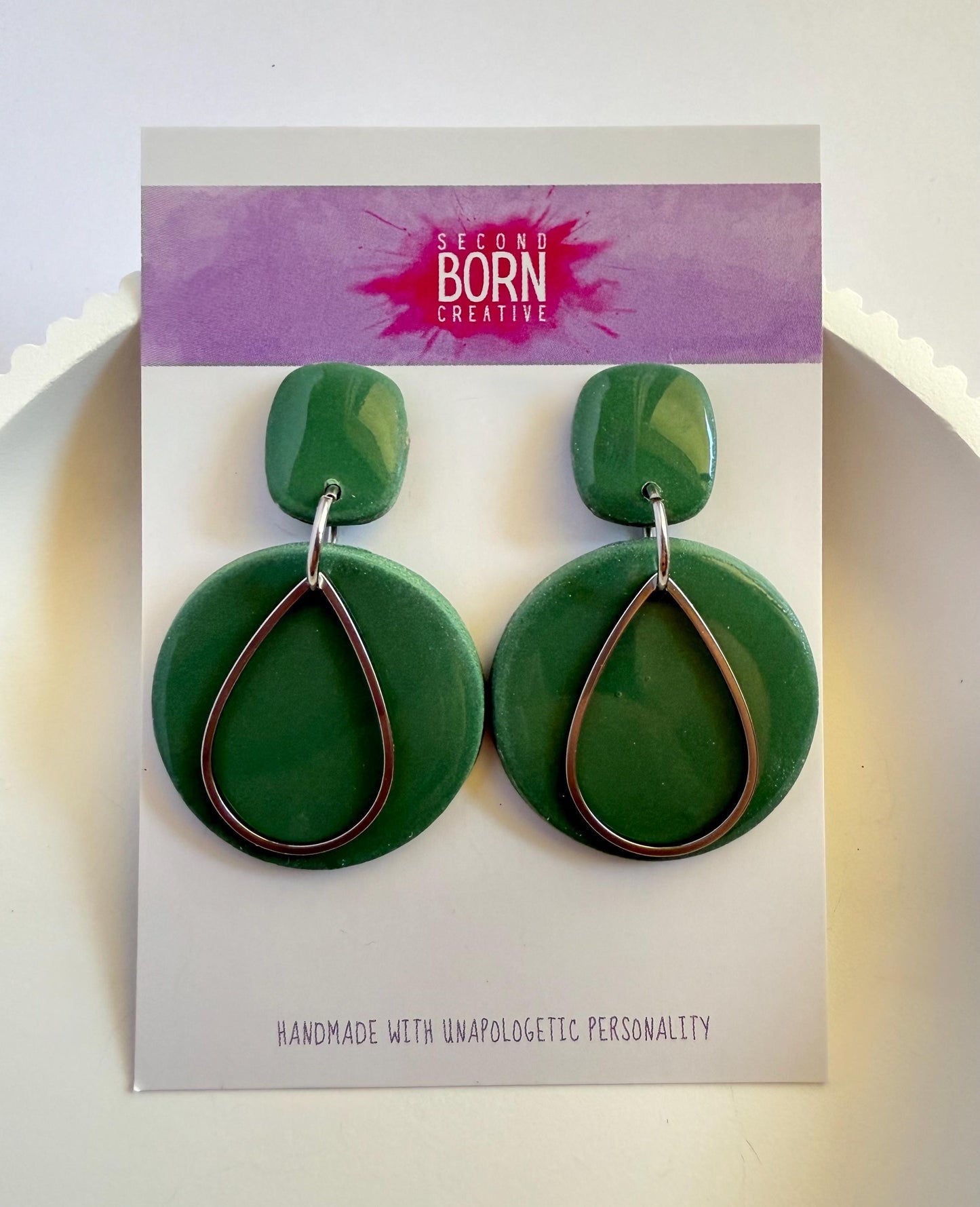 Moss-t be Dreaming medium stud dangle earrings with silver teardrop accent - Second Born Creative