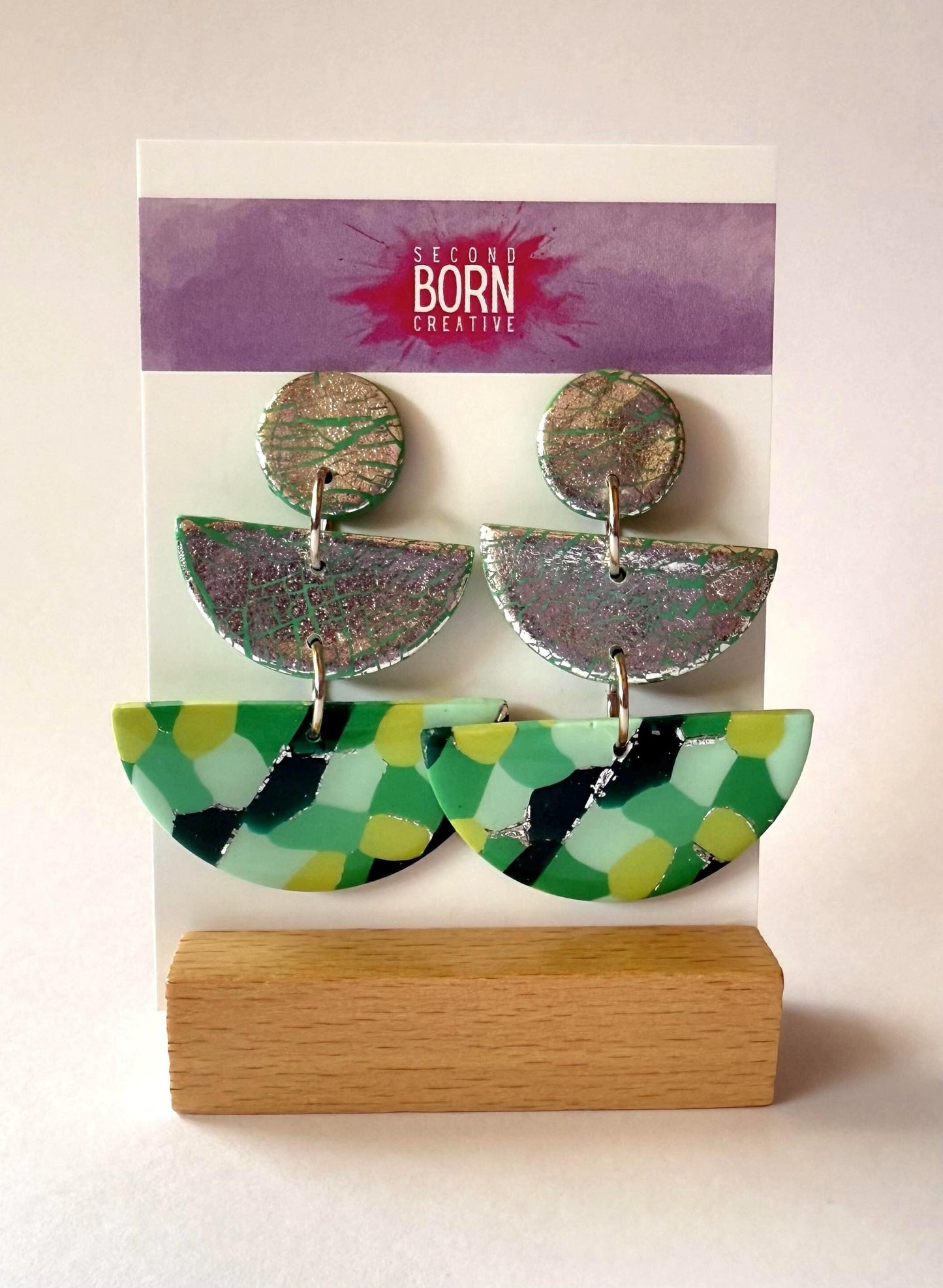 Greener Days large stud dangle earrings with silver leaf accent - Second Born Creative