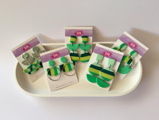 Greener Days large stud dangle earrings with silver leaf accent - Second Born Creative