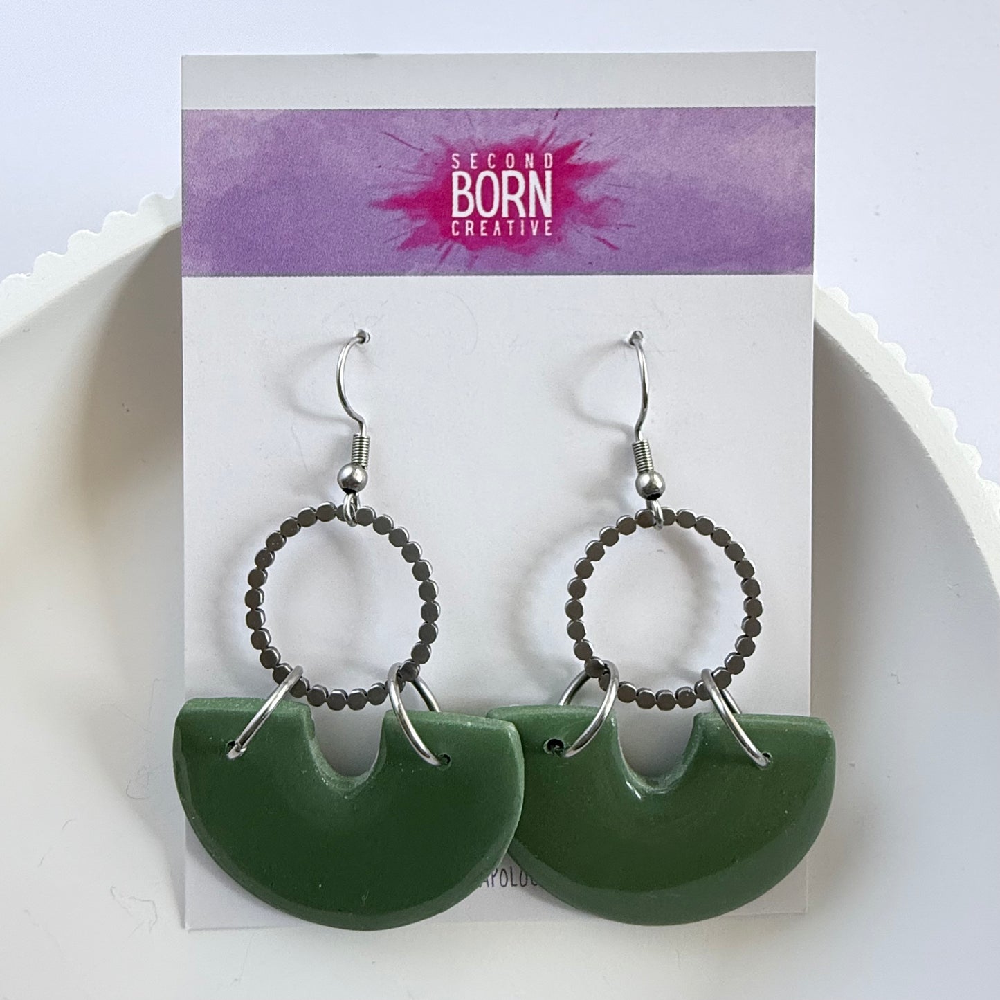 Green Dream large hook dangle earrings with gold or silver accent hoop