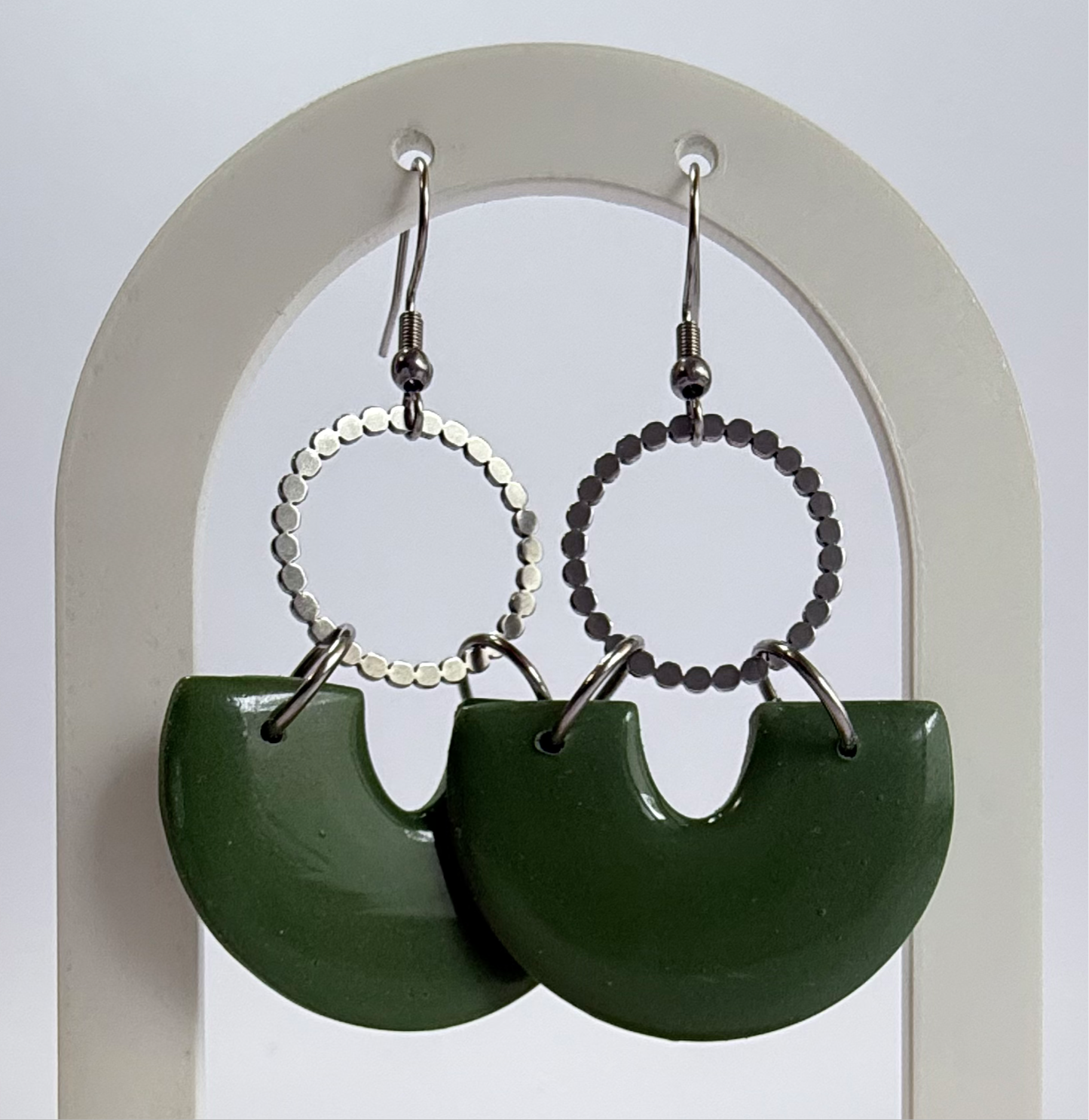 Green Dream large hook dangle earrings with gold or silver accent hoop