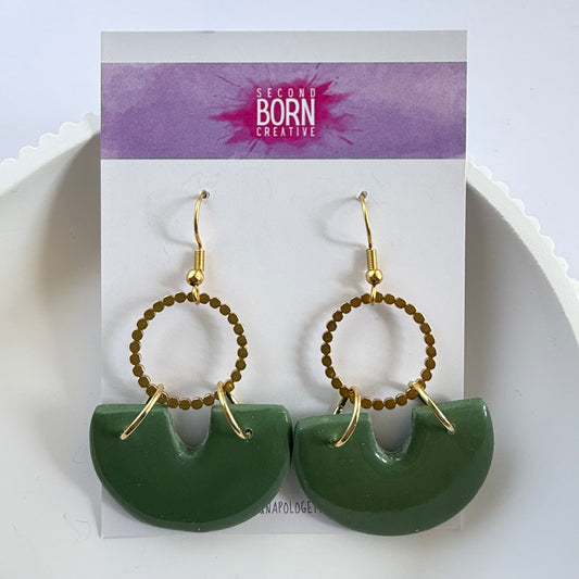 Green Dream large hook dangle earrings with gold or silver accent hoop - Second Born Creative
