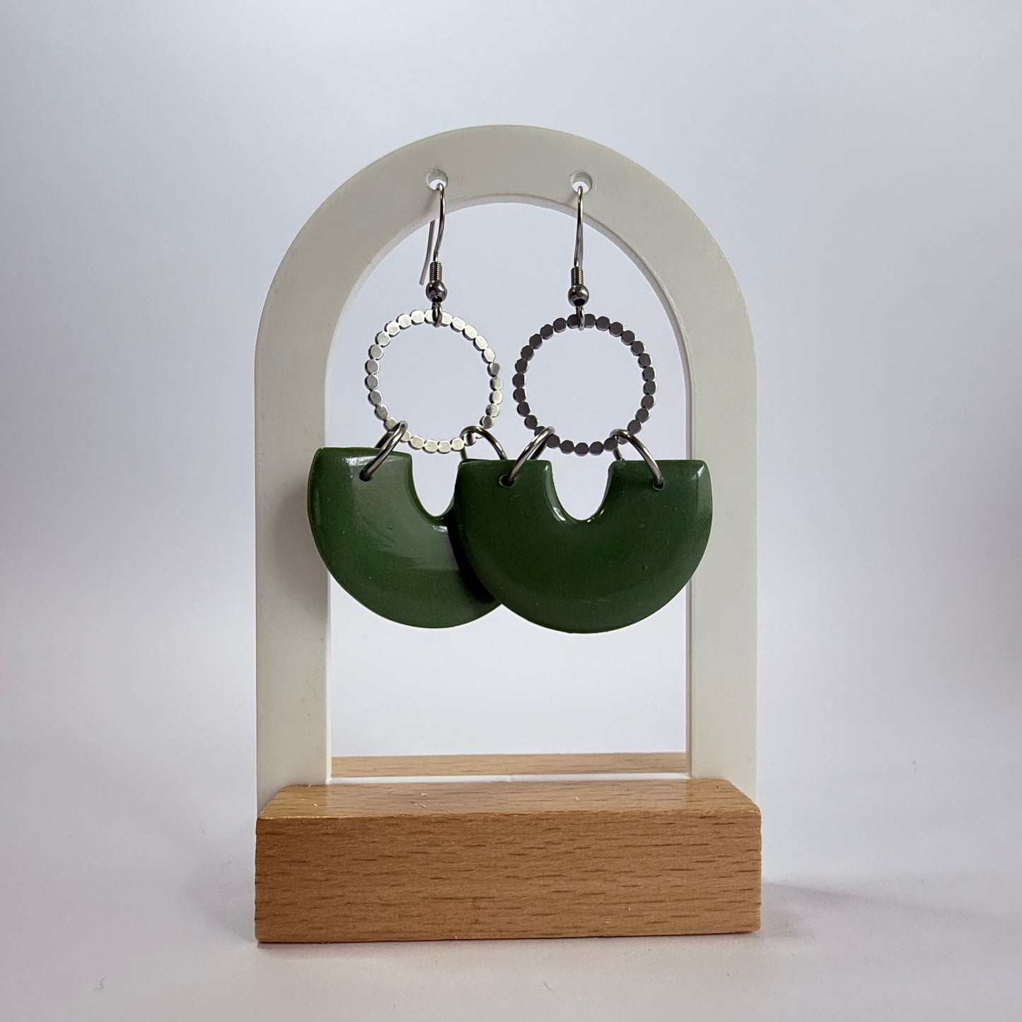 Green Dream large hook dangle earrings with gold or silver accent hoop