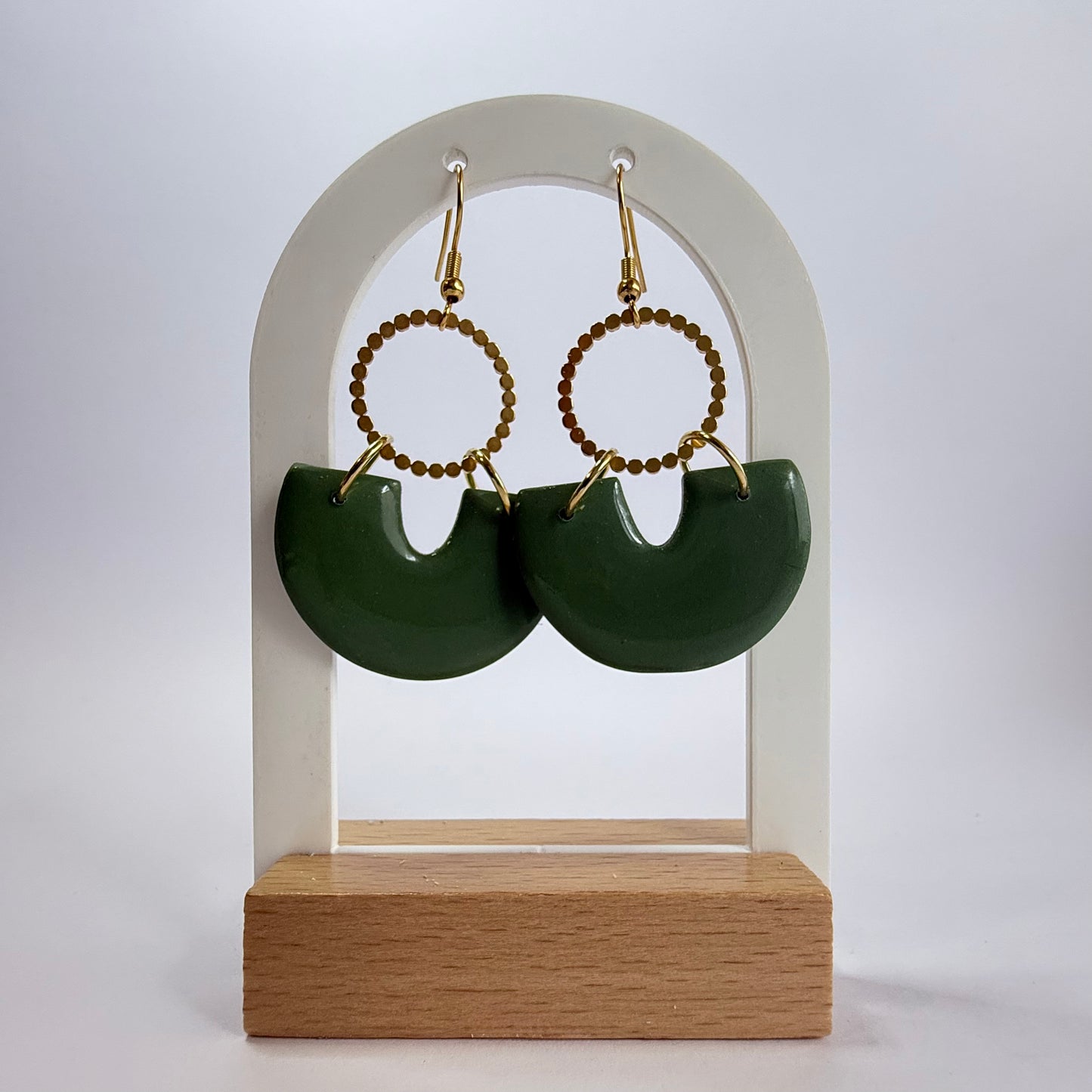 Green Dream large hook dangle earrings with gold or silver accent hoop