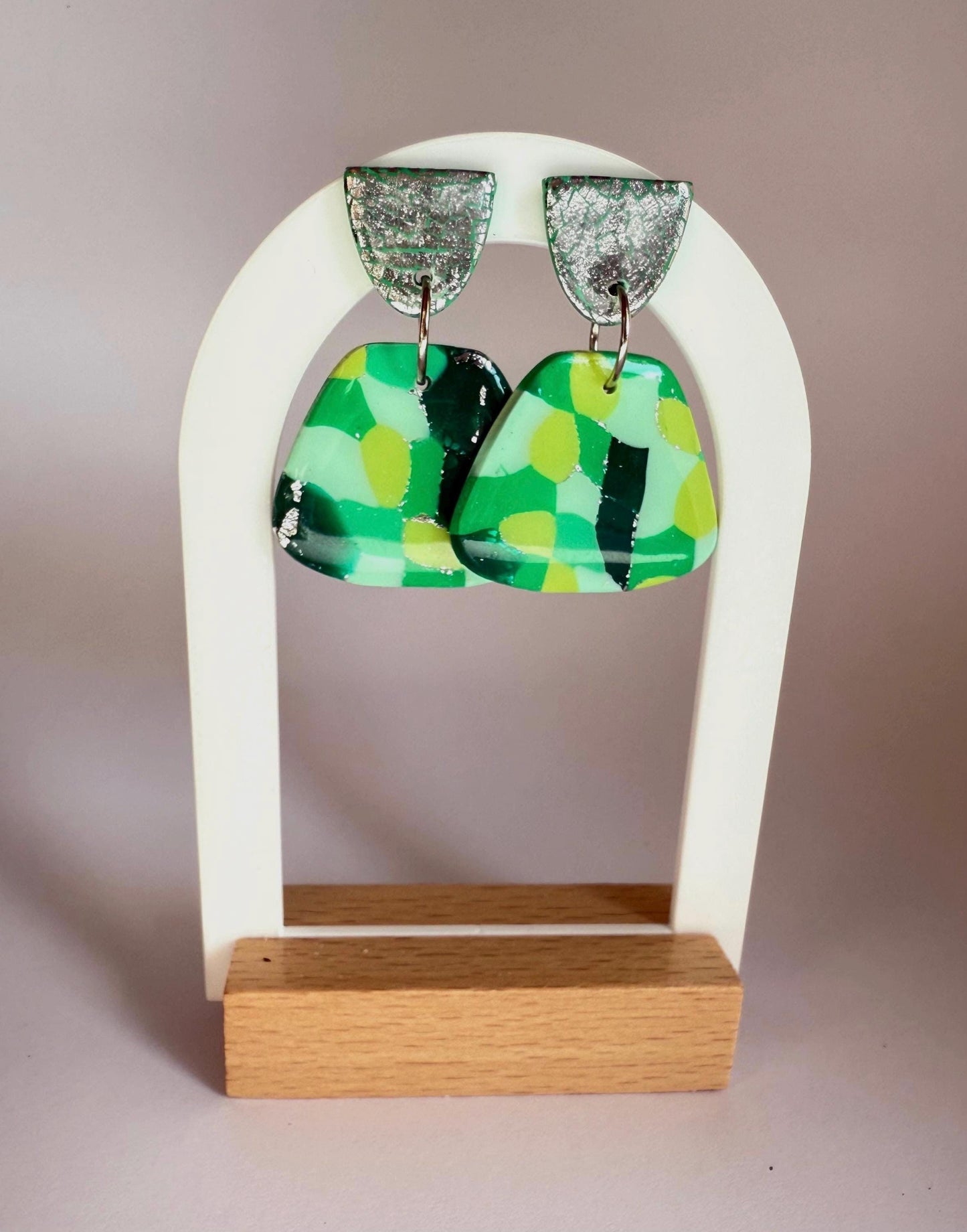 Greener Days multi tone medium stud dangle earrings with silver leaf accent - Second Born Creative