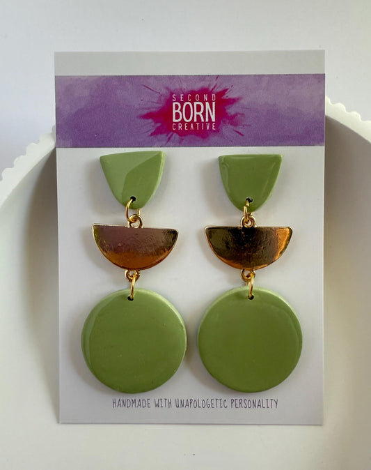 Green Dream large stud dangle earrings with gold accents - Second Born Creative