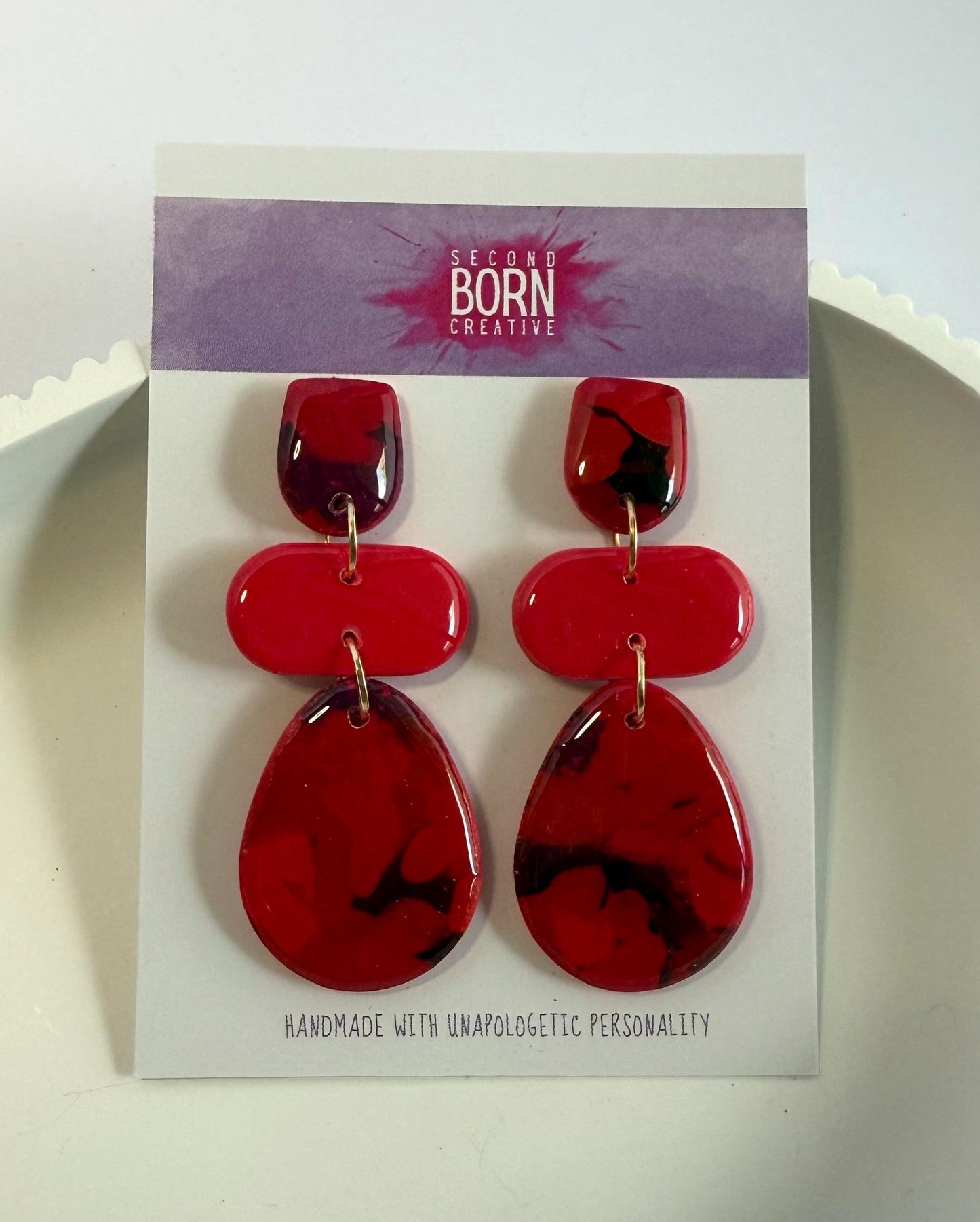 Red is in Bloom large stud dangle earrings - Second Born Creative