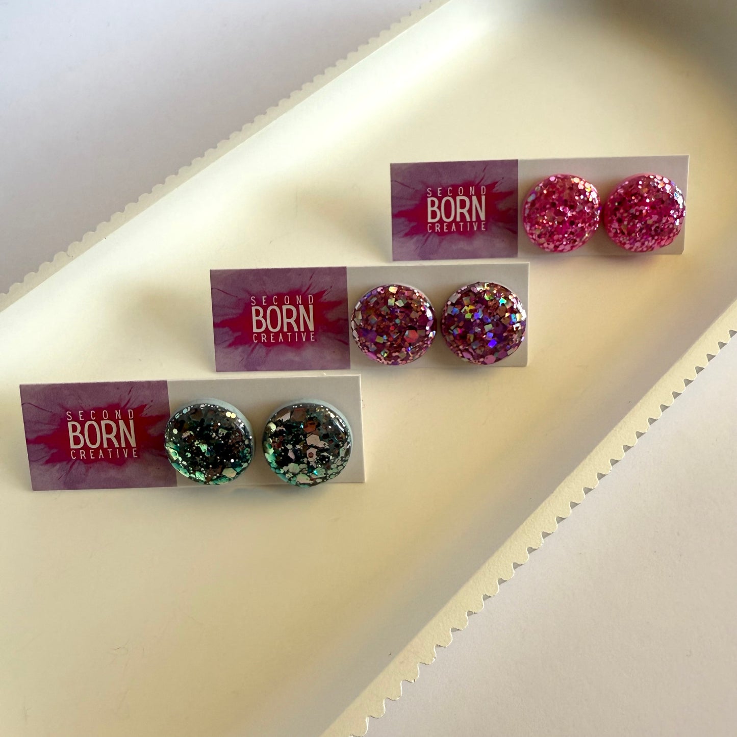 Glitterati statement studs - pink, purple or blue