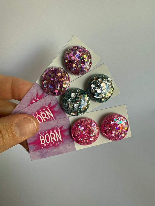 Glitterati statement studs - pink, purple or blue